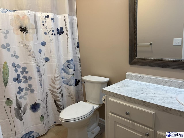 918 Fore Rd, Florence, SC 29506 - bathroom with vanity, toilet, a shower with shower curtain, and tile patterned floors