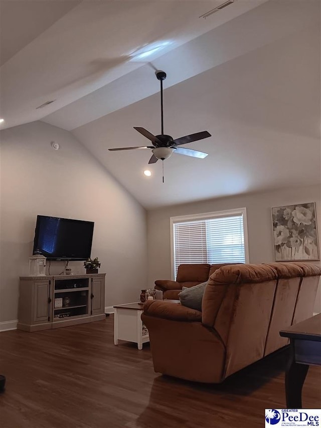 living room featuring ceiling fan, dark hardwood / wood-style flooring, and vaulted ceiling