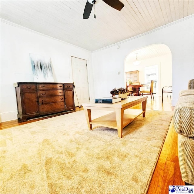 interior space with hardwood / wood-style flooring, crown molding, ceiling fan, and wood ceiling