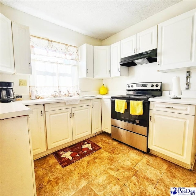 kitchen with white cabinetry, sink, a textured ceiling, and stainless steel range with electric stovetop