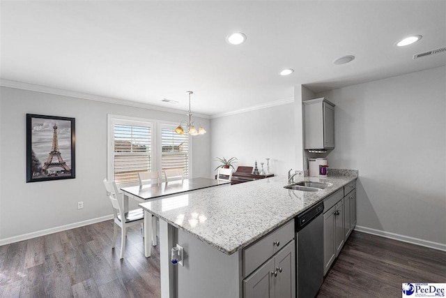 kitchen featuring gray cabinetry, a peninsula, a sink, visible vents, and stainless steel dishwasher