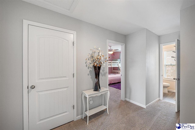 corridor with carpet floors and baseboards