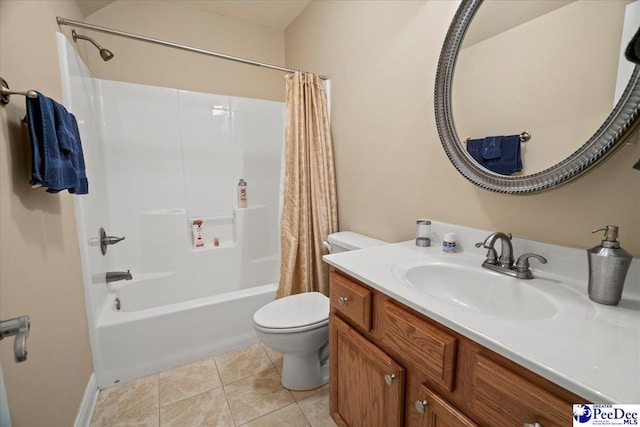 full bathroom featuring shower / tub combo with curtain, vanity, toilet, and tile patterned flooring