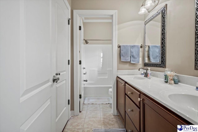 full bathroom with tile patterned floors, toilet, crown molding, shower / tub combination, and vanity