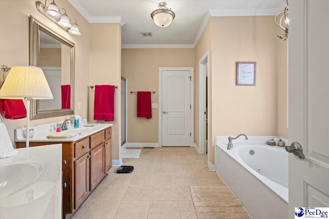 bathroom with vanity, crown molding, tile patterned floors, and shower with separate bathtub