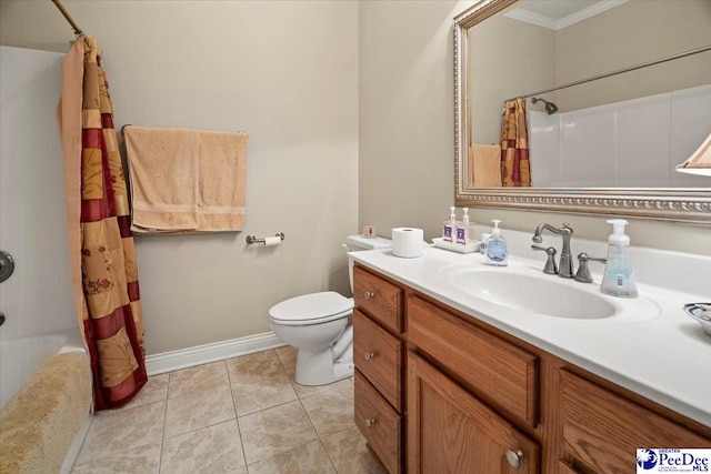 full bathroom featuring shower / bath combo with shower curtain, tile patterned floors, toilet, and vanity