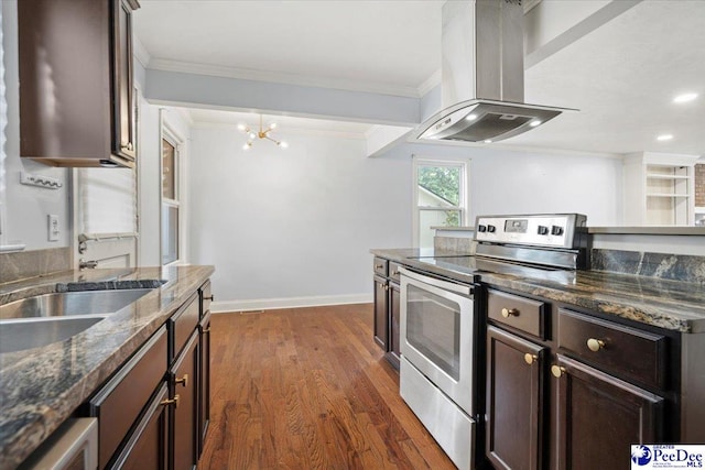 kitchen featuring crown molding, sink, electric range, and island exhaust hood