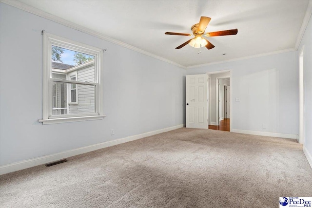 spare room with ornamental molding, ceiling fan, and carpet