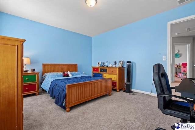 bedroom featuring carpet, visible vents, and baseboards