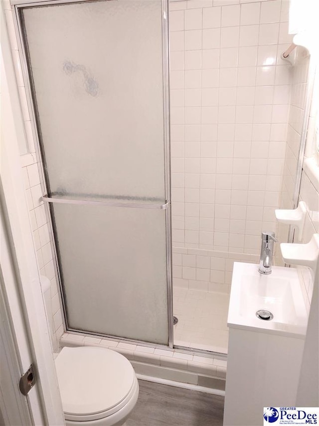 bathroom featuring an enclosed shower, vanity, and toilet