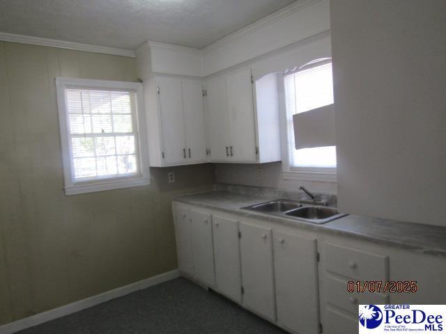 kitchen featuring crown molding, sink, and white cabinets