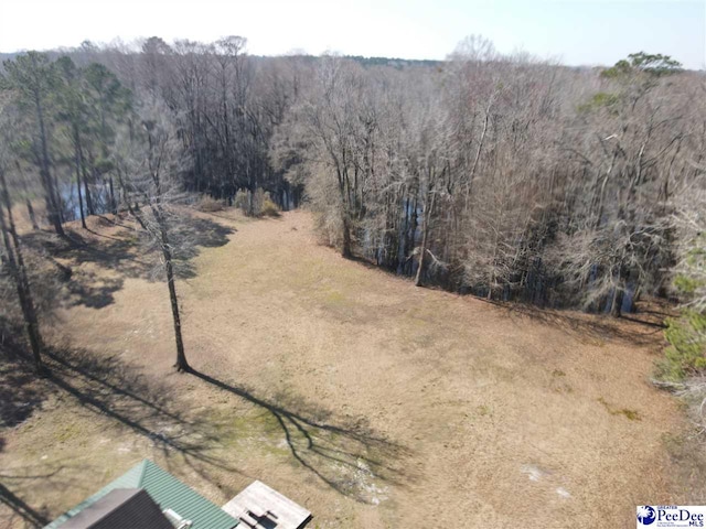 drone / aerial view featuring a forest view