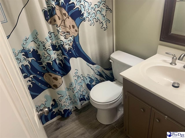 bathroom featuring toilet, vanity, and hardwood / wood-style floors