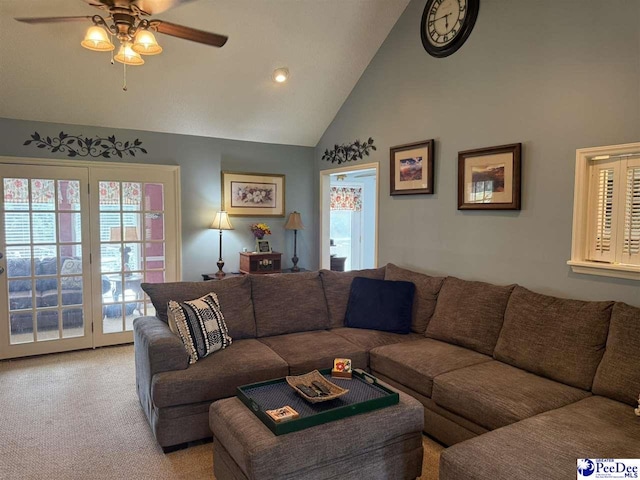 159 Ridge Rd, Cheraw, SC 29512 - living room with ceiling fan, high vaulted ceiling, and light colored carpet