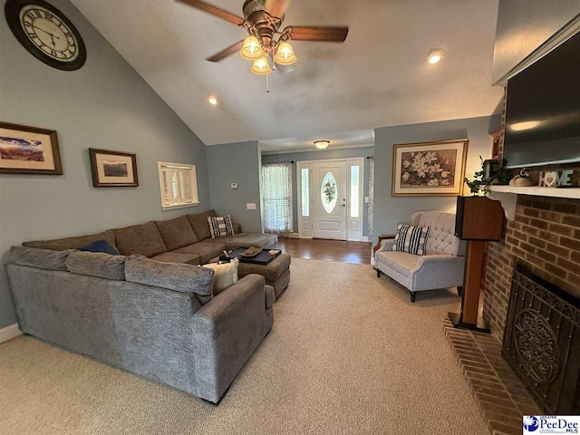 159 Ridge Rd, Cheraw, SC 29512 - living area with a fireplace, ceiling fan, high vaulted ceiling, recessed lighting, and carpet floors