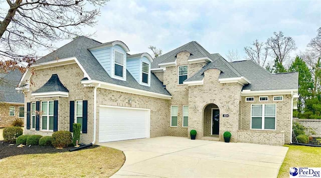 french provincial home featuring brick siding, driveway, and a shingled roof