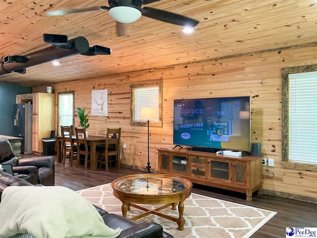 living room with wood walls, wood finished floors, a ceiling fan, and wooden ceiling