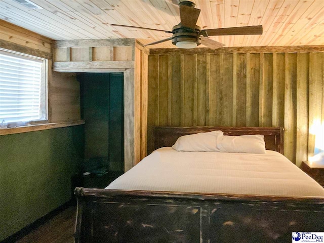bedroom featuring wood ceiling, wooden walls, and a ceiling fan
