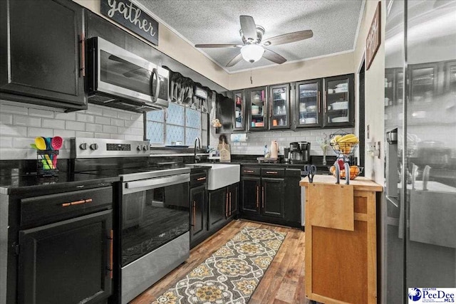 304 Wells St, Darlington, SC 29532 - kitchen with stainless steel appliances, dark cabinets, a textured ceiling, a sink, and decorative backsplash