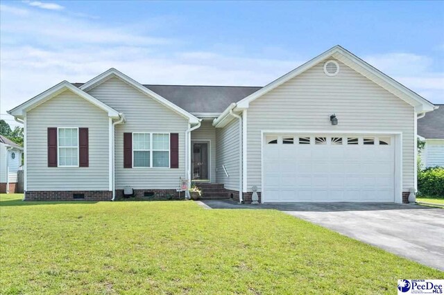 657 Red Tip Cir, Florence, SC 29501 - ranch-style house with crawl space, a garage, driveway, and a front lawn