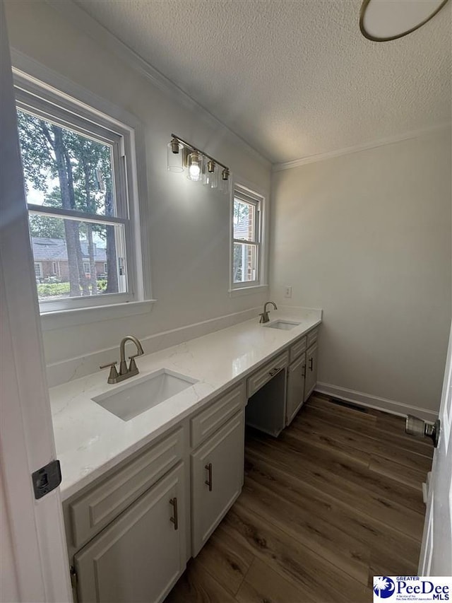 418 S Thomas Rd, Florence, SC 29501 - bathroom with a textured ceiling, plenty of natural light, crown molding, wood finished floors, and double vanity