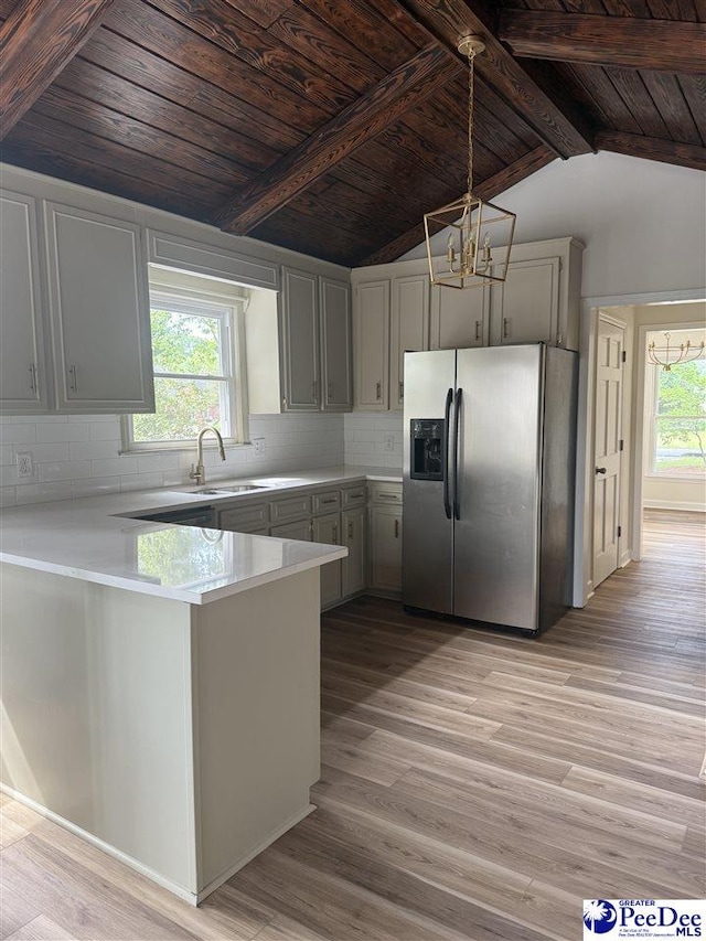 418 S Thomas Rd, Florence, SC 29501 - kitchen featuring stainless steel fridge with ice dispenser, wooden ceiling, light wood-style flooring, light countertops, and a peninsula