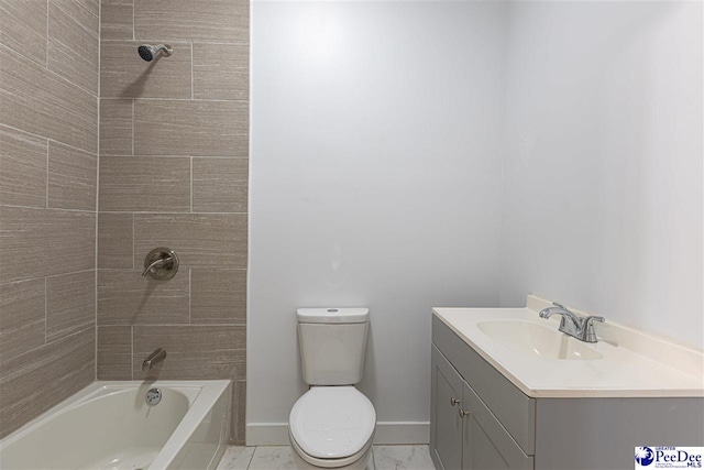 full bath with baseboards, toilet, shower / bath combination, marble finish floor, and vanity