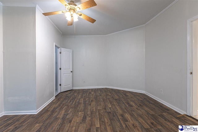 empty room with baseboards, a ceiling fan, dark wood-style floors, and crown molding