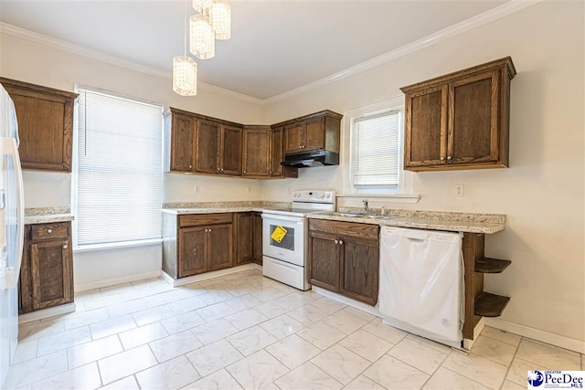 kitchen featuring white appliances, crown molding, under cabinet range hood, and a sink