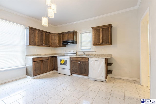 kitchen with under cabinet range hood, white appliances, marble finish floor, and light countertops