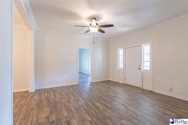 entryway with baseboards, dark wood-style floors, and crown molding