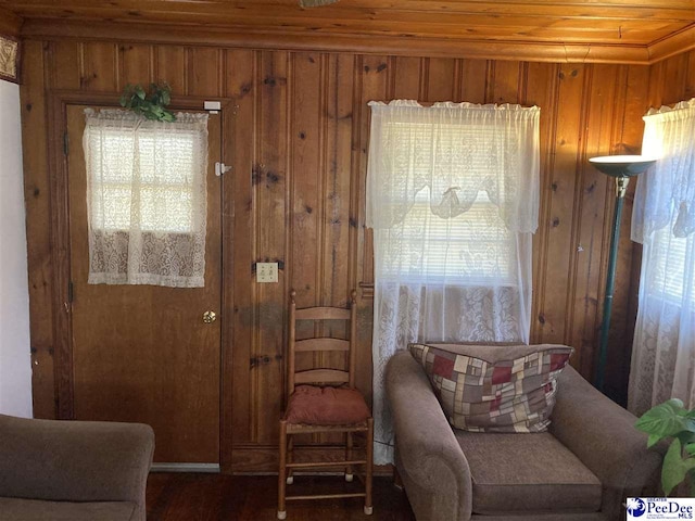 living area featuring wooden walls and dark hardwood / wood-style flooring