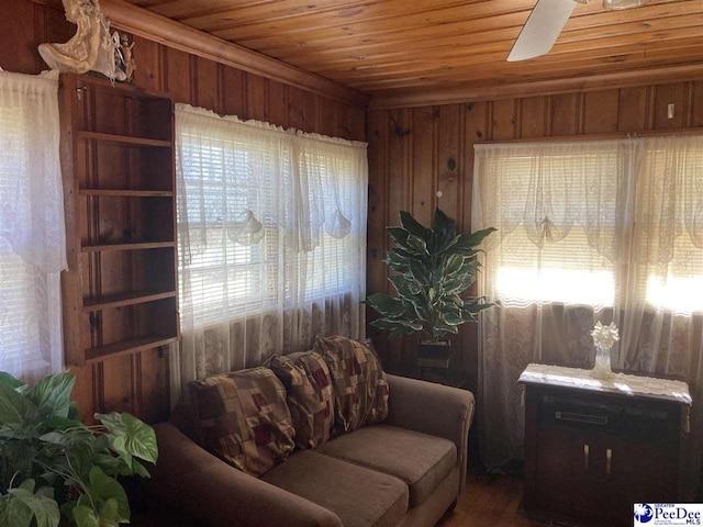 sitting room featuring ceiling fan, wooden ceiling, and wooden walls