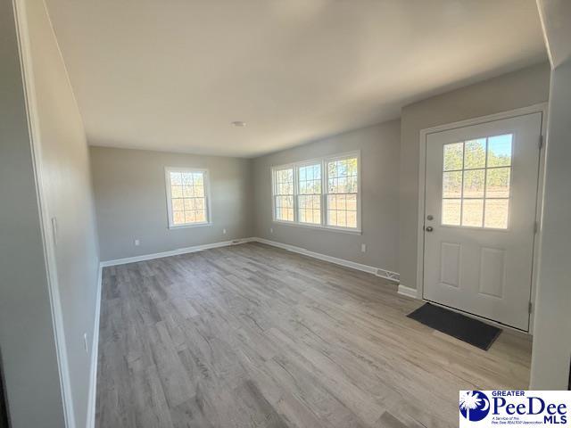 foyer with visible vents, baseboards, and wood finished floors