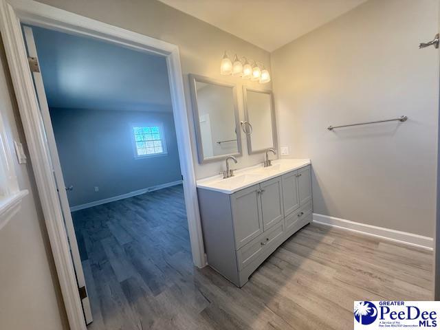 bathroom with double vanity, a sink, baseboards, and wood finished floors