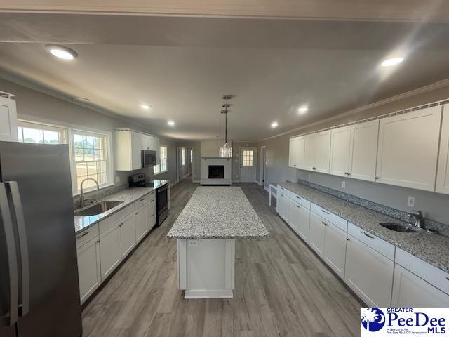 kitchen with electric range, a kitchen island, a sink, and freestanding refrigerator