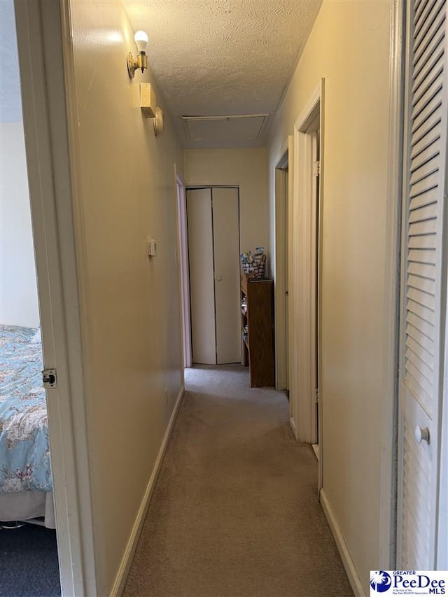 hall featuring light colored carpet and a textured ceiling