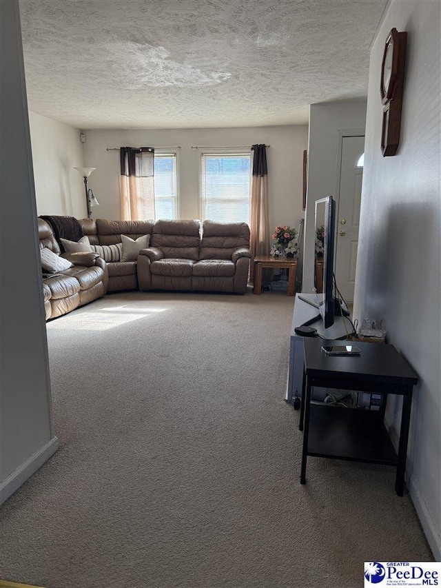 carpeted living room featuring a textured ceiling