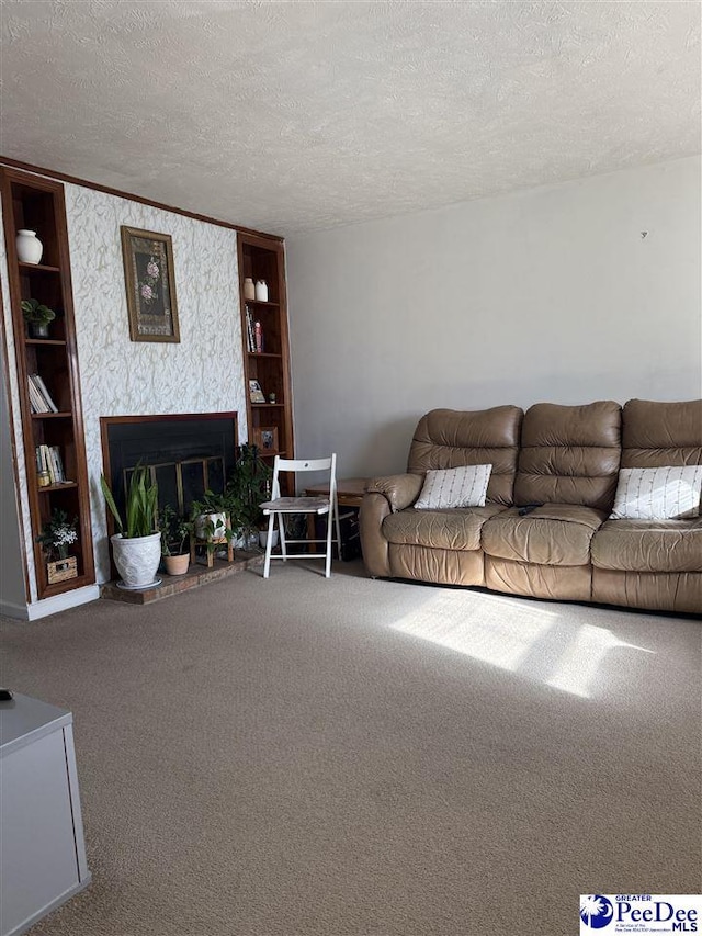 unfurnished living room with a textured ceiling and carpet flooring