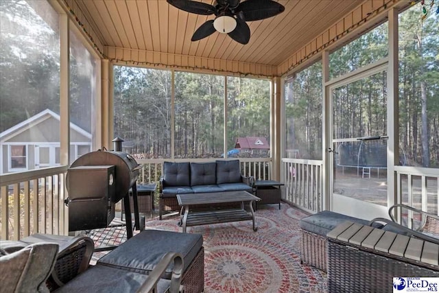 sunroom / solarium featuring ceiling fan and wood ceiling