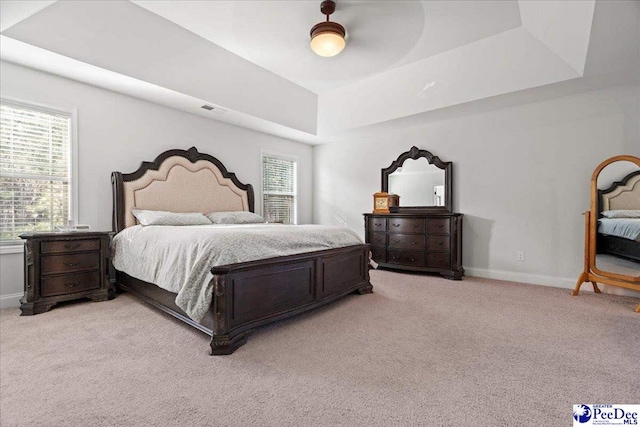 carpeted bedroom with a tray ceiling