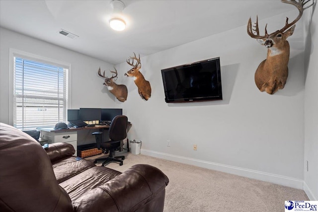 view of carpeted home office