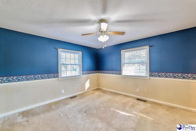 carpeted empty room featuring ceiling fan, plenty of natural light, and a textured ceiling