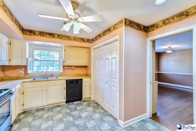 kitchen featuring ceiling fan, stainless steel range with electric stovetop, black dishwasher, and sink