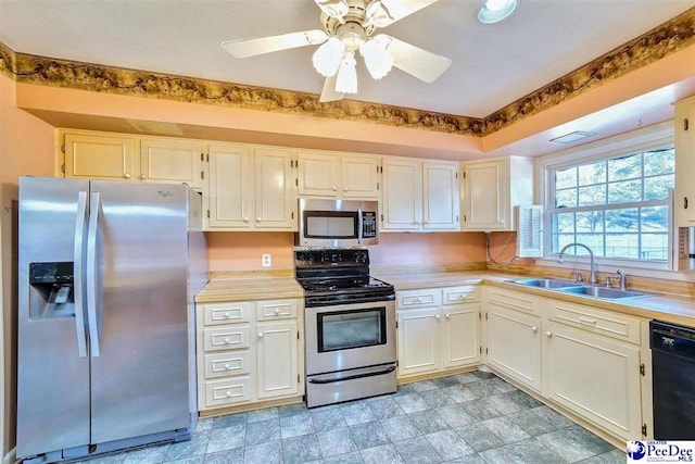 kitchen featuring sink, stainless steel appliances, white cabinets, and ceiling fan