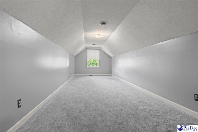 additional living space featuring lofted ceiling, a textured ceiling, carpet flooring, and baseboards