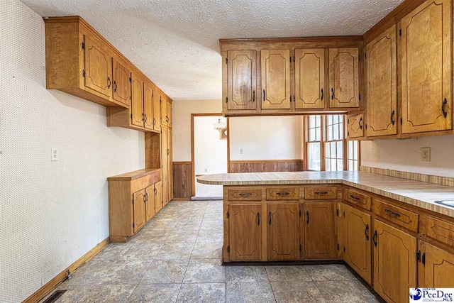 kitchen with kitchen peninsula and a textured ceiling