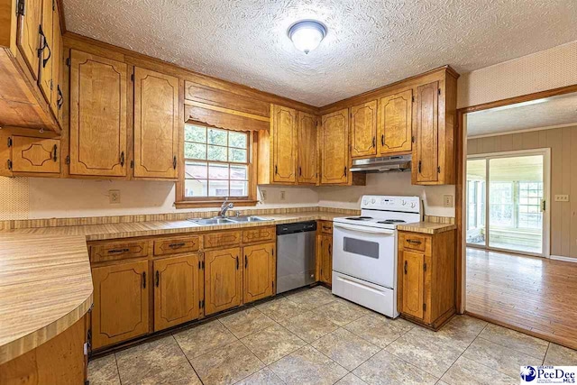 kitchen featuring dishwasher, sink, white electric range, and a wealth of natural light