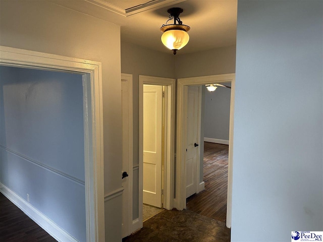 hallway with dark hardwood / wood-style flooring