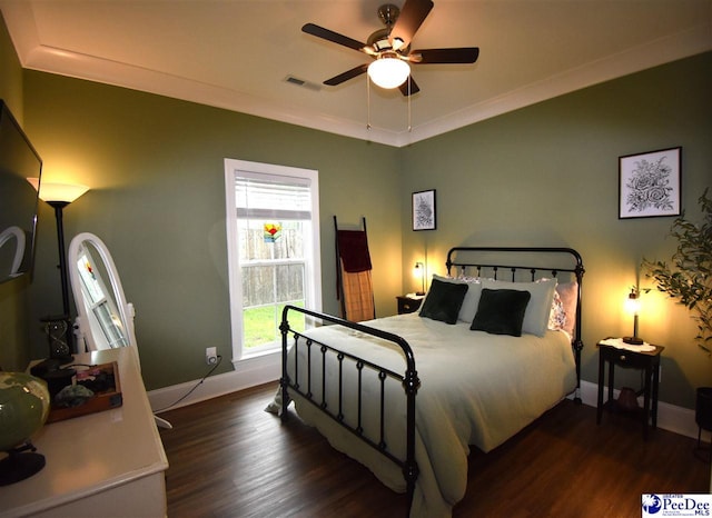 3804 Beckford St, Florence, SC 29501 - bedroom featuring dark wood finished floors, baseboards, ornamental molding, and a ceiling fan
